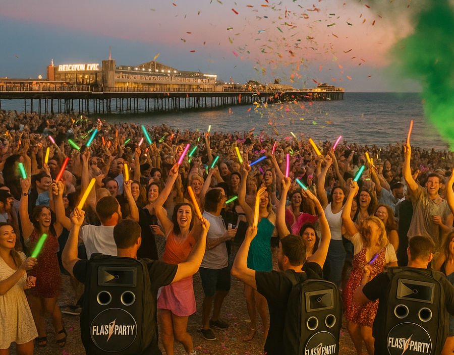 Image for Flash Party On the regular - Brighton Seafront and Shoreditch Yard Service - dance fitness uk, Flash Party events, bubble machine party hire, Christmas rave party, dance party hire UK, fitness party events UK, dance fitness, Flash Party bookings nationwide, family-friendly party entertainment, freshers week rave UK, DJ services, corporate rave party